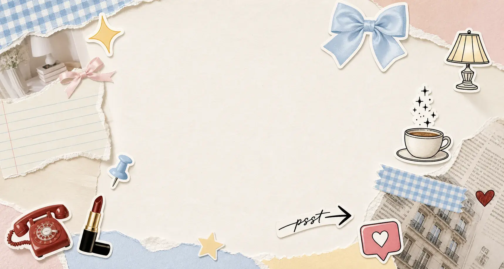 Premium editorial collage background with Socially Hygge style stickers, bows, stars, lamp icon, and paper textures