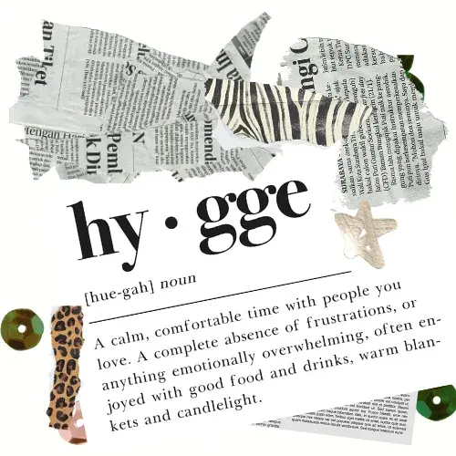 Hygge definition collage with newspaper texture and chair illustration